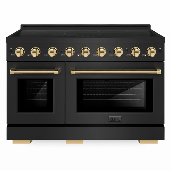 ZLINE Autograph Edition 48 in. 6.7 cu. ft. Paramount Induction Range with 7 Element Cooktop and Dual Ovens in Black Stainless Steel with Polished Gold Helix Handles and Knob Accents (SINRBZ-48-KG)