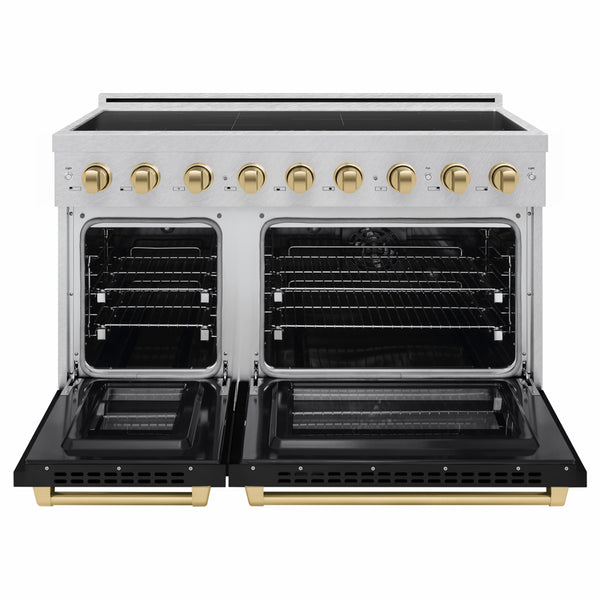 ZLINE Autograph Edition 48 in. 6.7 cu. ft. Paramount Induction Range with 7 Element Cooktop and Dual Ovens in Satin Stainless Steel with Black Matte Doors and Champagne Bronze Accents (SINRSZ-BLM48-CB)