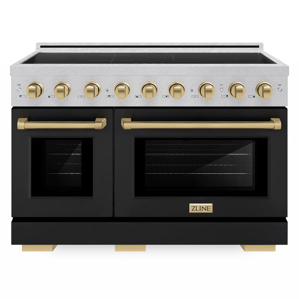 ZLINE Autograph Edition 48 in. 6.7 cu. ft. Paramount Induction Range with 7 Element Cooktop and Dual Ovens in Satin Stainless Steel with Black Matte Doors and Champagne Bronze Accents (SINRSZ-BLM48-CB)