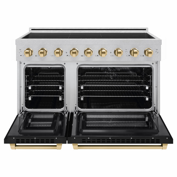 ZLINE Autograph Edition 48 in. 6.7 cu. ft. Paramount Induction Range with 7 Element Cooktop and Dual Ovens in Satin Stainless Steel with Black Matte Doors and Polished Gold Accents (SINRSZ-BLM48-G)