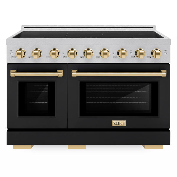 ZLINE Autograph Edition 48 in. 6.7 cu. ft. Paramount Induction Range with 7 Element Cooktop and Dual Ovens in Satin Stainless Steel with Black Matte Doors and Polished Gold Accents (SINRSZ-BLM48-G)