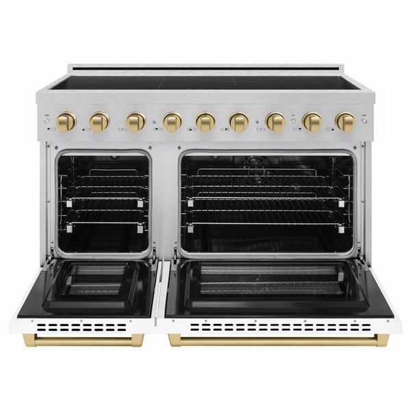 ZLINE Autograph Edition 48 in. 6.7 cu. ft. Paramount Induction Range with 7 Element Cooktop and Dual Ovens in Satin Stainless Steel with White Matte Doors and Champagne Bronze Accents (SINRSZ-WM-48-CB)