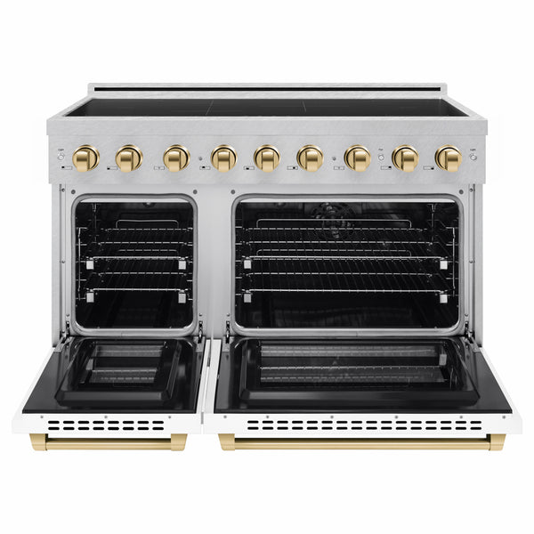 ZLINE Autograph Edition 48 in. 6.7 cu. ft. Paramount Induction Range with 7 Element Cooktop and Dual Ovens in Satin Stainless Steel with White Matte Doors and Polished Gold Accents (SINRSZ-WM-48-G)
