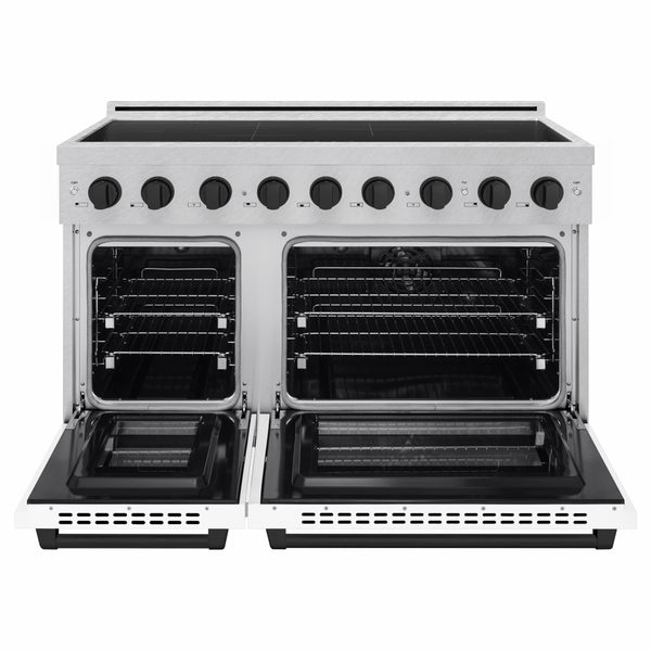 ZLINE Autograph Edition 48 in. 6.7 cu. ft. Paramount Induction Range with 7 Element Cooktop and Dual Ovens in Satin Stainless Steel with White Matte Doors and Matte Black Accents (SINRSZ-WM-48-MB)
