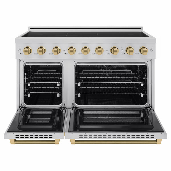 ZLINE Autograph Edition 48 in. 6.7 cu. ft. Paramount Induction Range with 7 Element Cooktop and Dual Ovens in Stainless Steel with Champagne Bronze Helix Handles and Knob Accents (SINRZ-48-KCB)