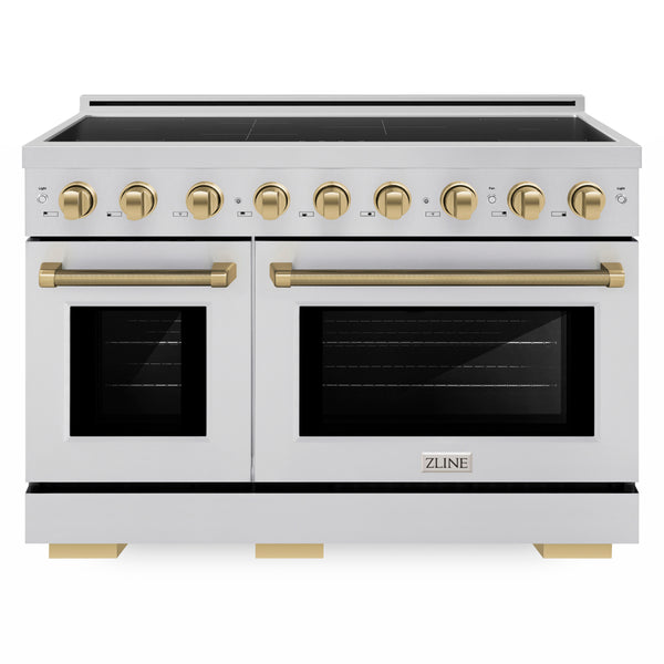 ZLINE Autograph Edition 48 in. 6.7 cu. ft. Paramount Induction Range with 7 Element Cooktop and Dual Ovens in Stainless Steel with Champagne Bronze Helix Handles and Knob Accents (SINRZ-48-KCB)