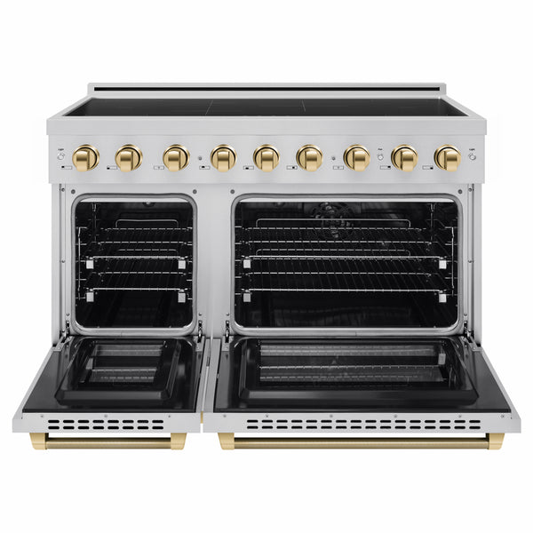 ZLINE Autograph Edition 48 in. 6.7 cu. ft. Paramount Induction Range with 7 Element Cooktop and Dual Ovens in Stainless Steel with Polished Gold Helix Handles and Knob Accents (SINRZ-48-KG)