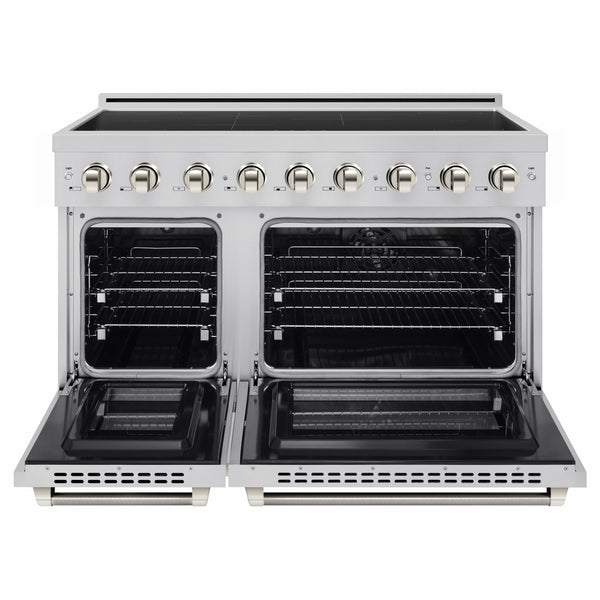 ZLINE Autograph Edition 48 in. 6.7 cu. ft. Paramount Induction Range with 7 Element Cooktop and Dual Ovens in Stainless Steel with Polished Nickel Helix Handles and Knob Accents (SINRZ-48-KPN)