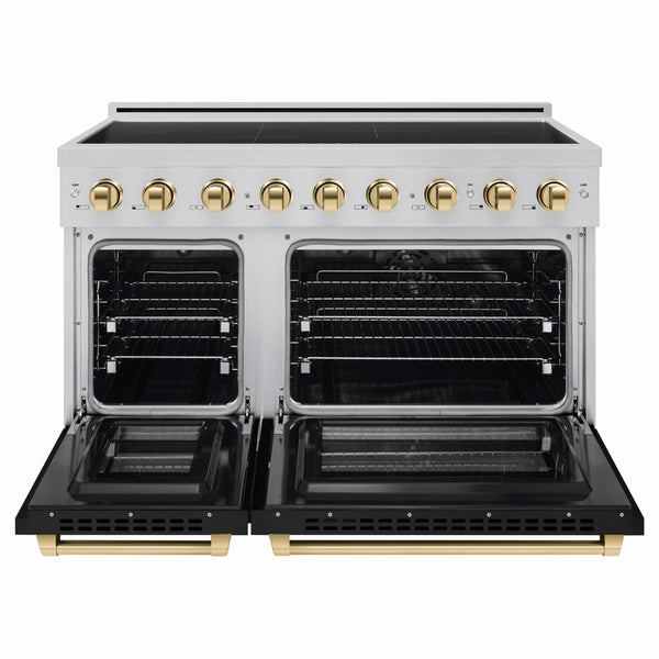 ZLINE Autograph Edition 48 in. 6.7 cu. ft. Paramount Induction Range with 7 Element Cooktop and Dual Ovens in Stainless Steel with Black Matte Doors and Polished Gold Accents (SINRZ-BLM-48-G)