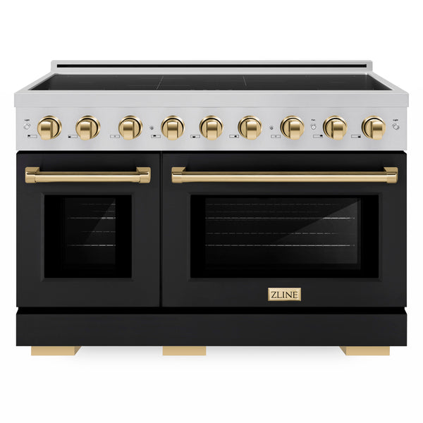 ZLINE Autograph Edition 48 in. 6.7 cu. ft. Paramount Induction Range with 7 Element Cooktop and Dual Ovens in Stainless Steel with Black Matte Doors and Polished Gold Accents (SINRZ-BLM-48-G)