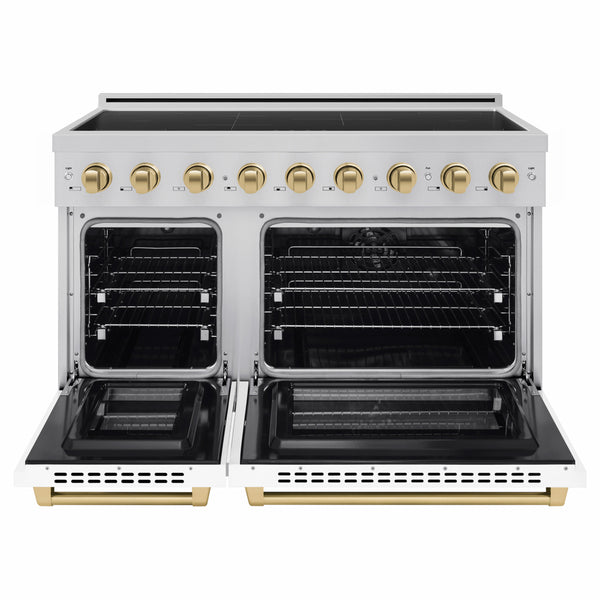ZLINE Autograph Edition 48 in. 6.7 cu. ft. Paramount Induction Range with 7 Element Cooktop and Dual Ovens in Stainless Steel with White Matte Doors and Champagne Bronze Accents (SINRZ-WM-48-CB)