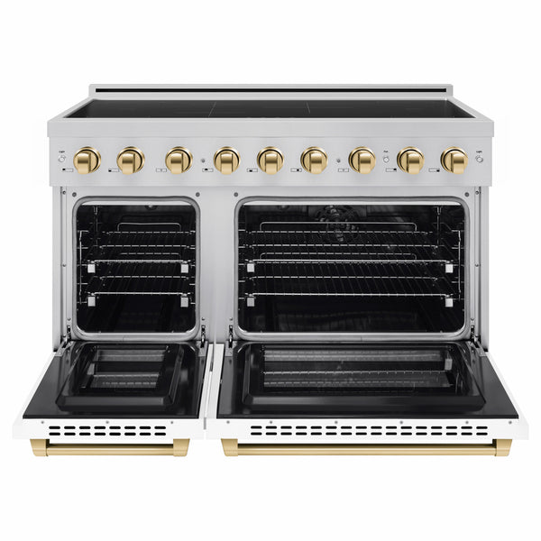 ZLINE Autograph Edition 48 in. 6.7 cu. ft. Paramount Induction Range with 7 Element Cooktop and Dual Ovens in Stainless Steel with White Matte Doors and Polished Gold Accents (SINRZ-WM-48-G)