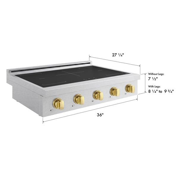 ZLINE Autograph Edition 36 in. Paramount Induction Rangetop with 5 Element Cooktop in Satin Stainless Steel and Polished Gold Accents (SINRTSZ-36-G)