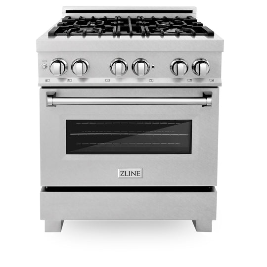 ZLINE 30 in. 4.0 cu. ft. Legacy Dual Fuel Range with Gas Cooktop and Electric Convection Oven in Satin Stainless Steel with 4 Brass Burners and Griddle (RAS-SN-BR-GR-30)