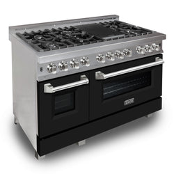 ZLINE 48 in. 6.0 cu. ft. Legacy Dual Fuel Range with 7 Burner Gas Cooktop and 2 Electric Ovens in Satin Stainless Steel and Black Matte Doors (RAS-BLM-48)