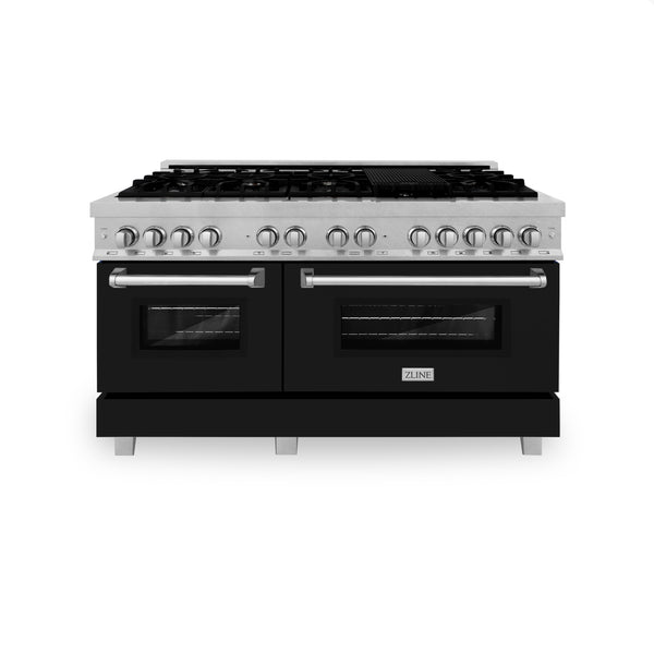 ZLINE 60 in. 7.4 cu. ft. Legacy Dual Fuel Range with 9 Burner Gas Cooktop and 2 Electric Convection Ovens in Satin Stainless Steel and Black Matte Doors (RAS-BLM-60)