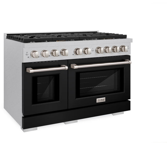 ZLINE 48 in. 6.7 cu. ft. Paramount Double Oven Dual Fuel Range with 8 Burner Gas Cooktop in Satin Stainless Steel with Black Matte Doors (SDRS-BLM-48)