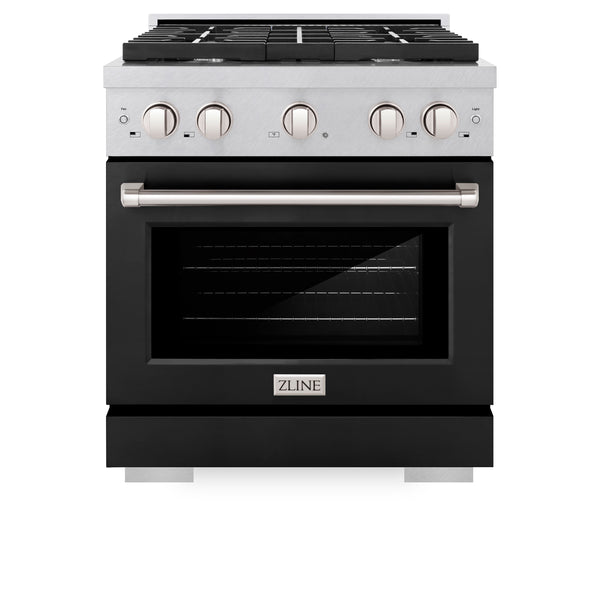 ZLINE 30 in. 4.2 cu. ft. Paramount Gas Range with 4 Burner Cooktop and Convection Gas Oven in Satin Stainless Steel with Black Matte Door (SGRS-BLM-30)