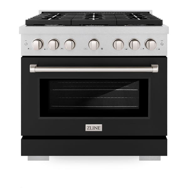 ZLINE 36 in. 5.2 cu. ft. Paramount Gas Range with 6 Burner Cooktop and Convection Gas Oven in Satin Stainless Steel with Black Matte Door (SGRS-BLM-36)