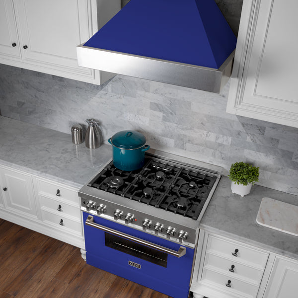 ZLINE 36 in. 4.6 cu. ft. Legacy Dual Fuel Range with 6 Burner Gas Cooktop and Electric Convection Oven in Satin Stainless Steel and Blue Matte Door (RAS-BM-36)
