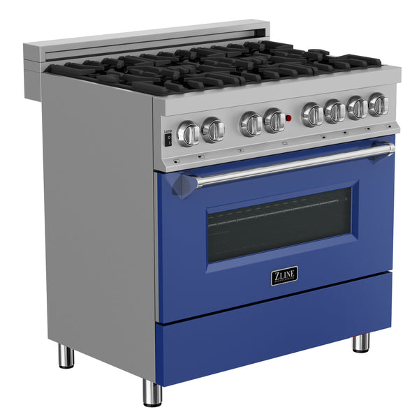 ZLINE 36 in. 4.6 cu. ft. Legacy Dual Fuel Range with 6 Burner Gas Cooktop and Electric Convection Oven in Satin Stainless Steel and Blue Matte Door (RAS-BM-36)