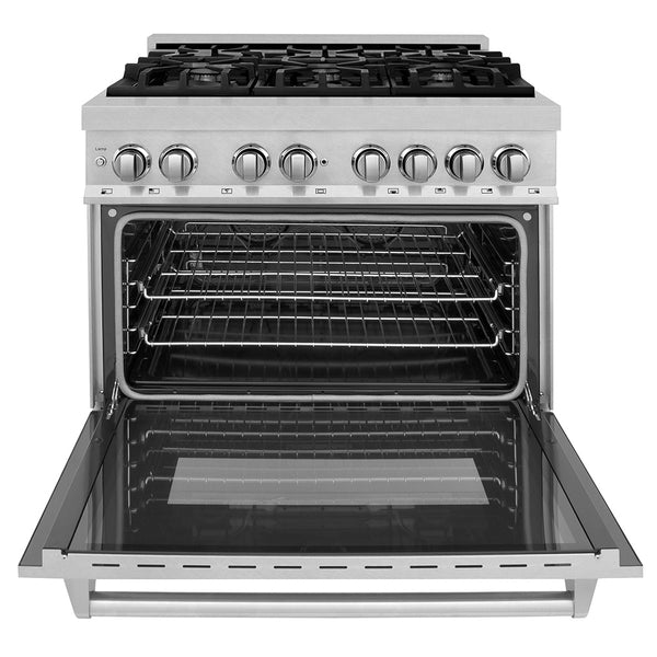 ZLINE 36 in. 4.6 cu. ft. Legacy Dual Fuel Range with 6 Burner Gas Cooktop and Electric Convection Oven in Satin Stainless Steel, Open Box-Great Condition