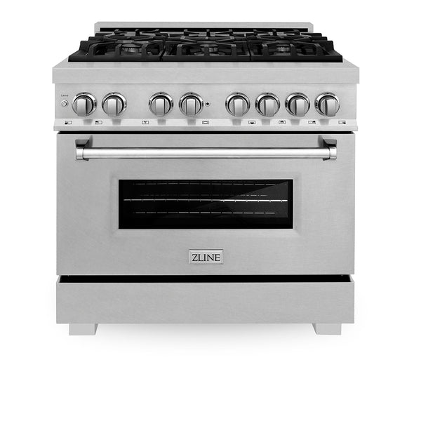ZLINE 36 in. 4.6 cu. ft. Legacy Dual Fuel Range with 6 Burner Gas Cooktop and Electric Convection Oven in Satin Stainless Steel, Open Box-Great Condition