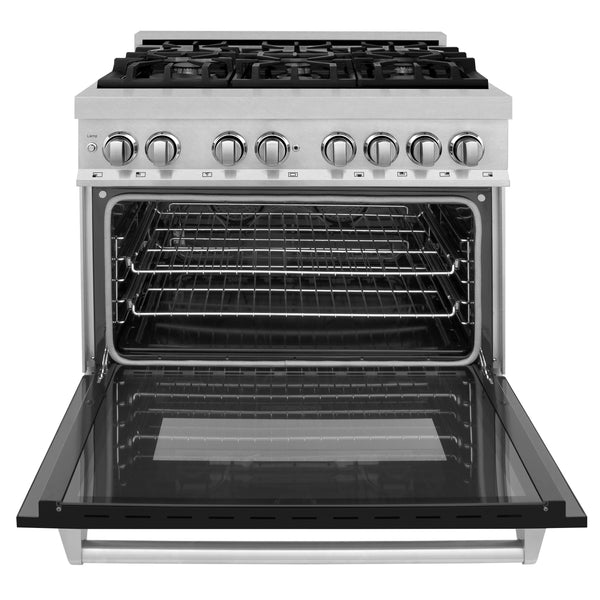 ZLINE 36 in. 4.6 cu. ft. Legacy Dual Fuel Range with 6 Burner Gas Cooktop and Electric Convection Oven in Satin Stainless Steel and Black Matte Door (RAS-BLM-36)