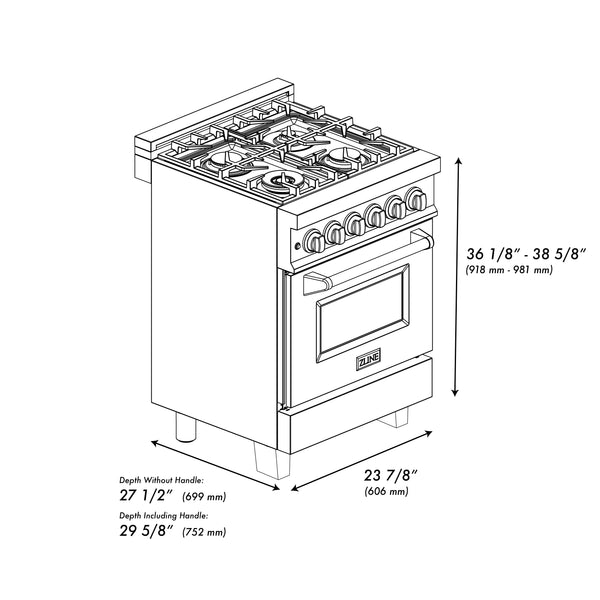 ZLINE 24 in. 2.8 cu. ft. Legacy Dual Fuel Range with 4 Burner Gas Cooktop and Electric Convection Oven in Satin Stainless Steel, Open Box-Great Condition
