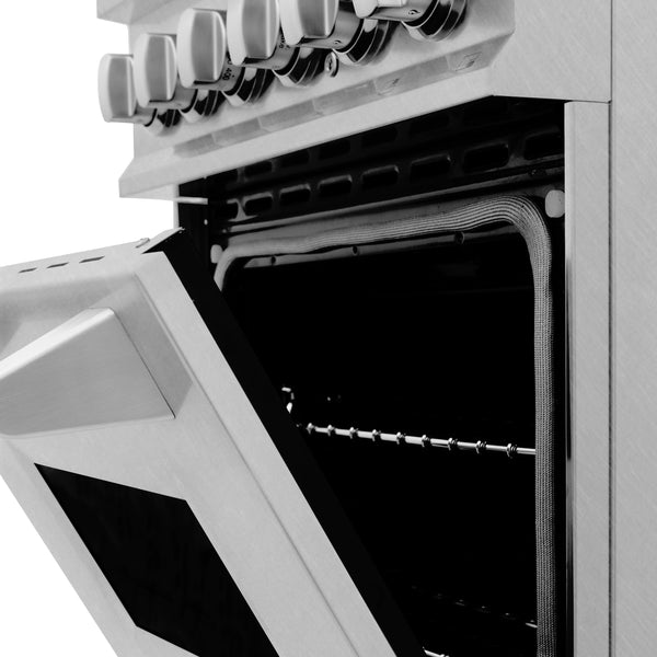 ZLINE 24 in. 2.8 cu. ft. Legacy Dual Fuel Range with 4 Burner Gas Cooktop and Electric Convection Oven in Satin Stainless Steel, Open Box-Great Condition