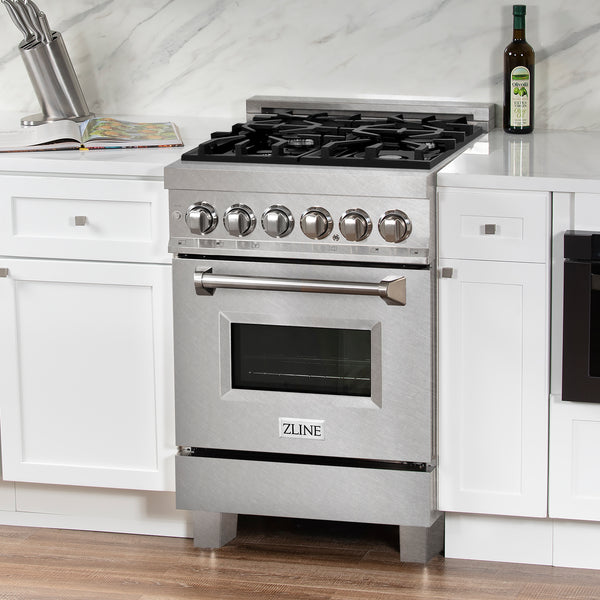 ZLINE 24 in. 2.8 cu. ft. Legacy Dual Fuel Range with 4 Burner Gas Cooktop and Electric Convection Oven in Satin Stainless Steel, Open Box-Great Condition