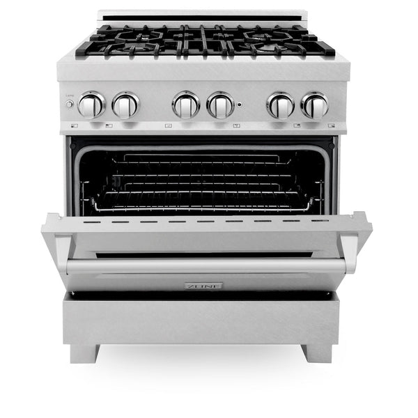 ZLINE 30 in. 4.0 cu. ft. Legacy Dual Fuel Range with 4 Burner Gas Cooktop and Electric Convection Oven in Satin Stainless Steel, Open Box-Good Condition