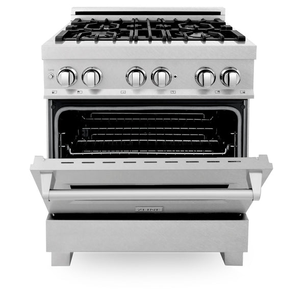 ZLINE 30 in. 4.0 cu. ft. Legacy Dual Fuel Range with 4 Burner Gas Cooktop and Electric Convection Oven in Satin Stainless Steel, Open Box-Great Condition