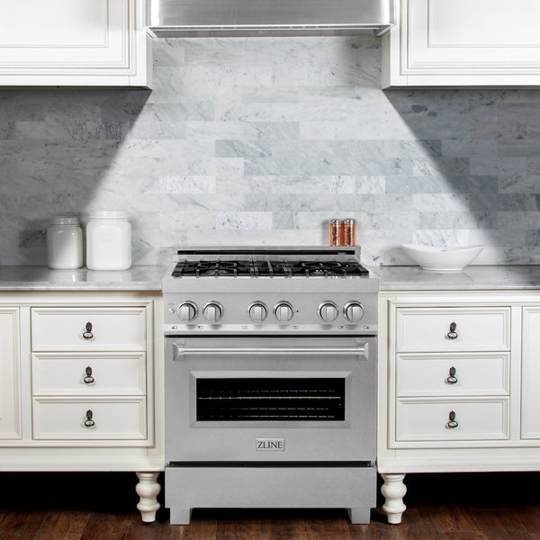 ZLINE 30 in. 4.0 cu. ft. Legacy Dual Fuel Range with 4 Burner Gas Cooktop and Electric Convection Oven in Satin Stainless Steel, Open Box-Great Condition