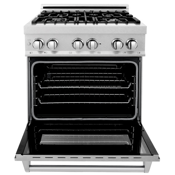 ZLINE 30 in. 4.0 cu. ft. Legacy Dual Fuel Range with 4 Burner Gas Cooktop and Electric Convection Oven in Satin Stainless Steel, Open Box-Great Condition