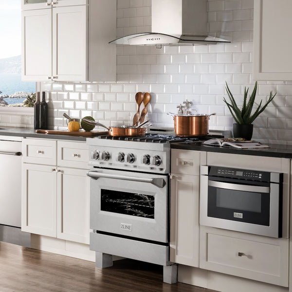 ZLINE 30 in. 4.0 cu. ft. Legacy Dual Fuel Range with 4 Burner Gas Cooktop and Electric Convection Oven in Satin Stainless Steel (RAS-SN-30)