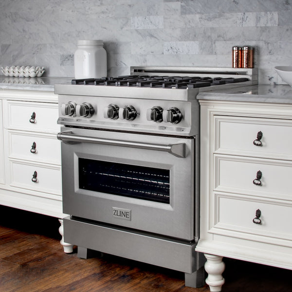ZLINE 30 in. 4.0 cu. ft. Legacy Dual Fuel Range with 4 Burner Gas Cooktop and Electric Convection Oven in Satin Stainless Steel, Open Box-Great Condition