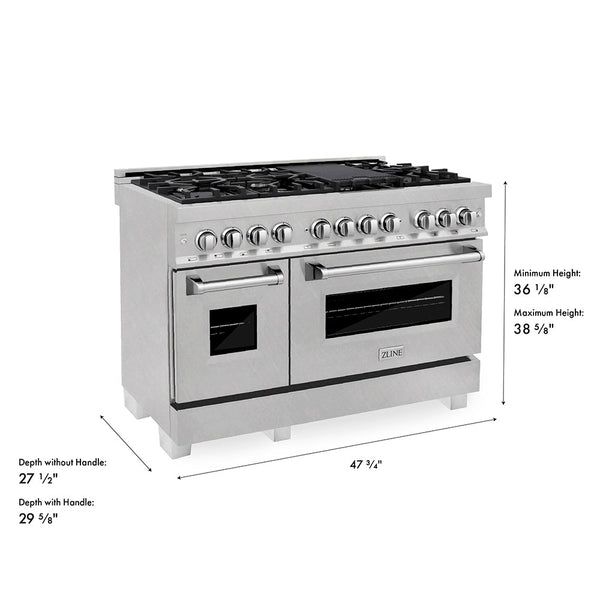 ZLINE 48 in. 6.0 cu. ft. Legacy Dual Fuel Range with 7 Burner Gas Cooktop and 2 Electric Ovens in Satin Stainless Steel, Open Box-Good Condition dimensional diagram.