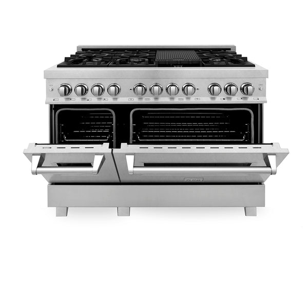 ZLINE 48 in. 6.0 cu. ft. Legacy Dual Fuel Range with 7 Burner Gas Cooktop and 2 Electric Ovens in Satin Stainless Steel, Open Box-Great Condition