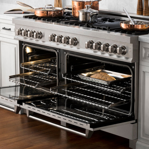 ZLINE 60 in. 7.4 cu. ft. Legacy Dual Fuel Range with 9 Burner Gas Cooktop and 2 Electric Convection Ovens in Satin Stainless Steel, Open Box-Good Condition