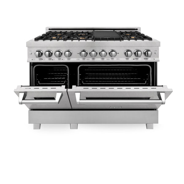 ZLINE 48 in. 6.0 cu. ft. Legacy Dual Fuel Range with Gas Cooktop and 2 Electric Ovens in Satin Stainless Steel with 6 Brass Burners (RAS-SN-BR-48)