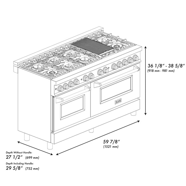 ZLINE 60 in. 7.4 cu. ft. Legacy Dual Fuel Range with Gas Cooktop and 2 Electric Convection Ovens in Satin Stainless Steel with 8 Brass Burners (RAS-SN-BR-60)