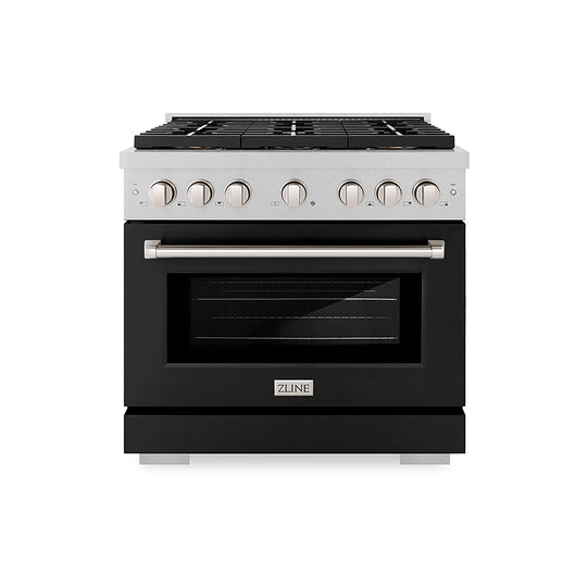 ZLINE 36 in. 5.2 cu. ft. Paramount Dual Fuel Range with 6 Burner DuoPro™ Cooktop and Electric Convection Oven in Satin Stainless Steel with Black Matte Door (PSDRS-BLM-36)