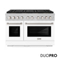 ZLINE 48 in. 6.7 cu. ft. Paramount Dual Fuel Range with 8 Burner DuoPro™ Cooktop and Dual Ovens in Satin Stainless Steel with White Matte Doors (PSDRS-WM-48)