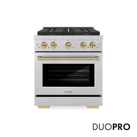 ZLINE Autograph Edition 30 in. 4.2 cu. ft. Paramount Dual Fuel Range with 4 Burner DuoPro™ Cooktop and Electric Convection Oven in Satin Stainless Steel and Champagne Bronze Accents, Open Box-Good Condition
