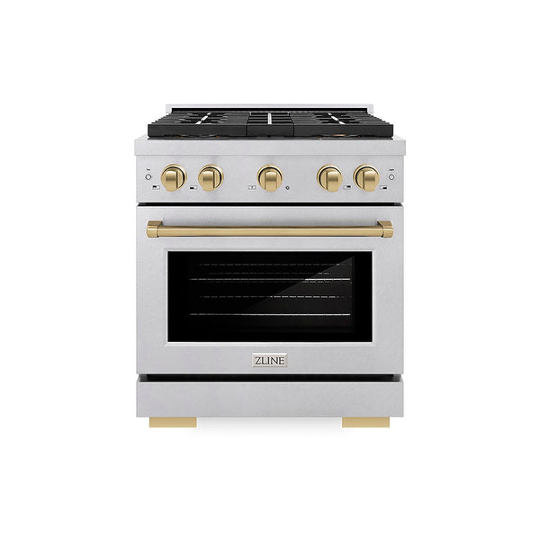 ZLINE Autograph Edition 30 in. 4.2 cu. ft. Paramount Dual Fuel Range with 4 Burner DuoPro™ Cooktop and Electric Convection Oven in Satin Stainless Steel and Champagne Bronze Accents, Open Box-Good Condition