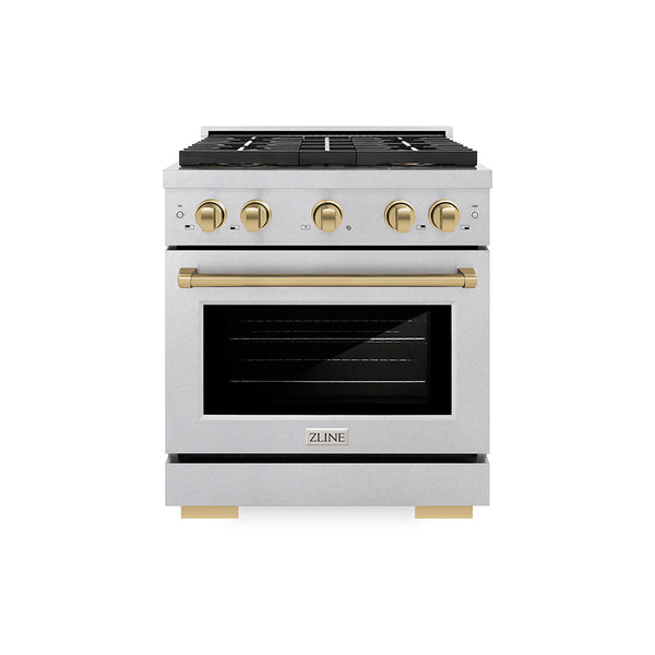 ZLINE Autograph Edition 30 in. 4.2 cu. ft. Paramount Dual Fuel Range with 4 Burner DuoPro™ Cooktop and Electric Convection Oven in Satin Stainless Steel and Champagne Bronze Accents (PSDRSZ-30-CB)