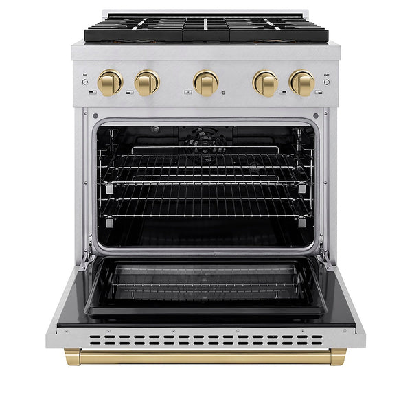 ZLINE Autograph Edition 30 in. 4.2 cu. ft. Paramount Dual Fuel Range with 4 Burner DuoPro™ Cooktop and Electric Convection Oven in Satin Stainless Steel and Champagne Bronze Accents, Open Box-Good Condition