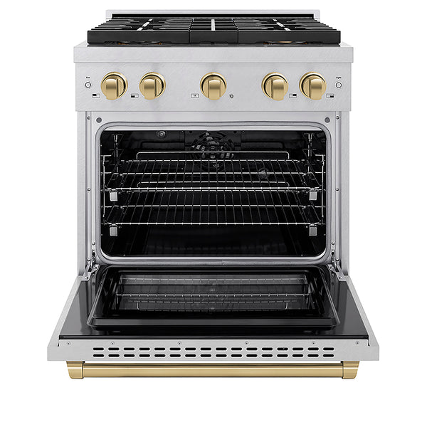 ZLINE Autograph Edition 30 in. 4.2 cu. ft. Paramount Dual Fuel Range with 4 Burner DuoPro™ Cooktop and Electric Convection Oven in Satin Stainless Steel and Champagne Bronze Accents, Open Box-Great Condition