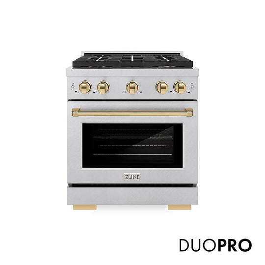 ZLINE Autograph Edition 30 in. 4.2 cu. ft. Paramount Dual Fuel Range with 4 Burner DuoPro™ Cooktop and Electric Convection Oven in Satin Stainless Steel and Polished Gold Accents, Open Box-Great Condition